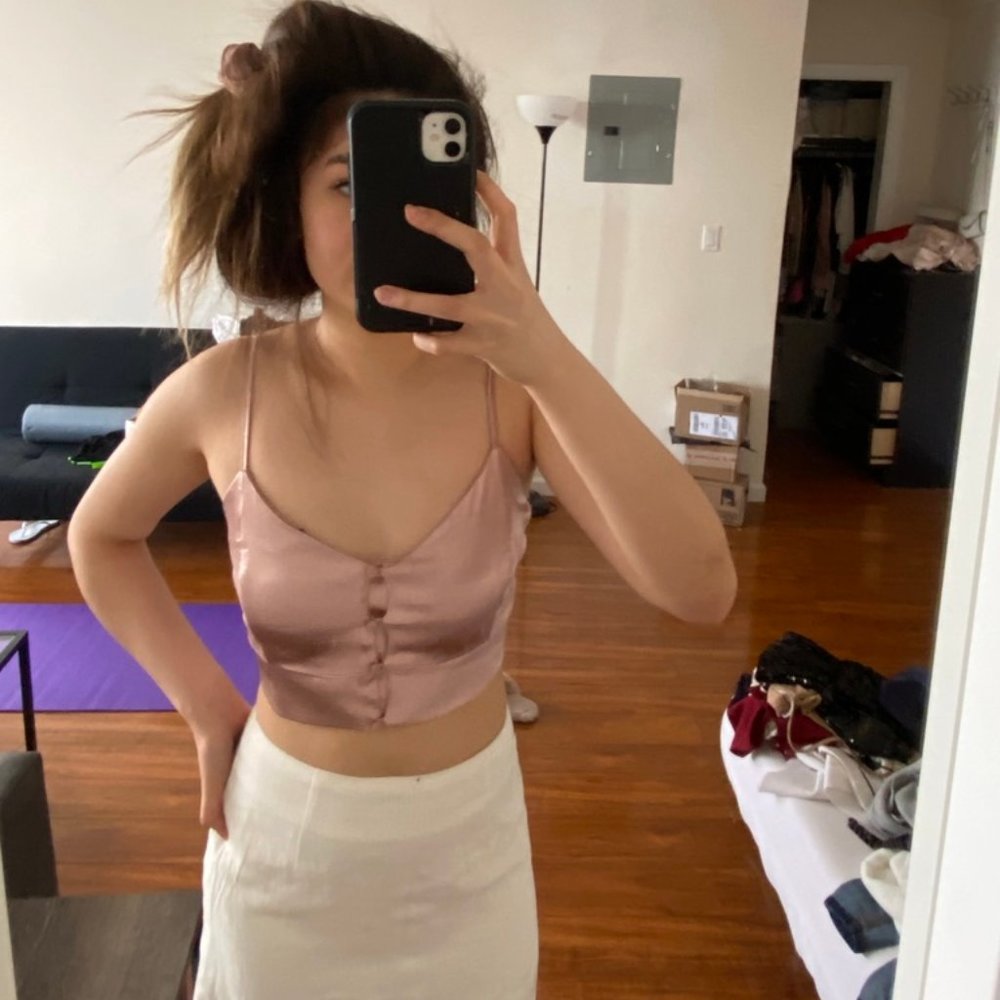 New Forever21 Pink Satin Button Crop Top